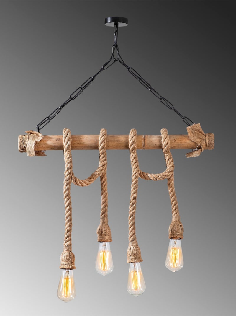 LOANE Suspension rustique filaire 4 lampes cordes et bois Marron - Kiabi