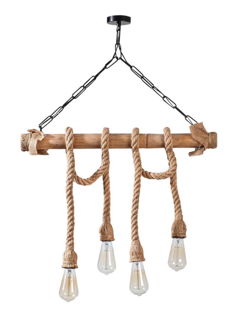 LOANE Suspension rustique filaire 4 lampes cordes et bois Marron - Kiabi