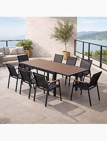 LOBOC Salon de jardin 8 places avec table extensible 270cm en aluminium et bois