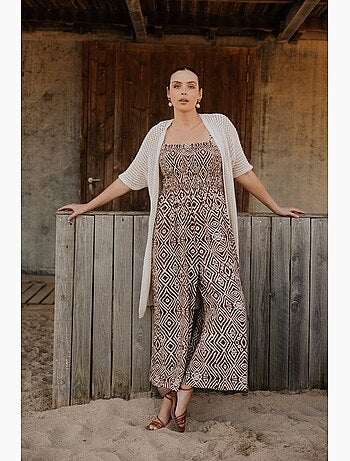 Long gilet en coton ajouré uni