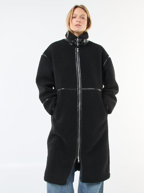 Long manteau effet moutonné avec empiècements en simili - Kiabi