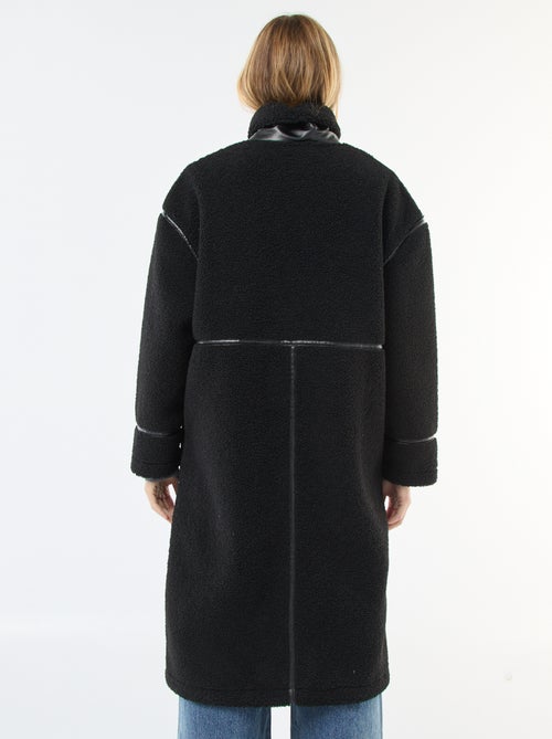 Long manteau en fausse laine avec empiècements en simili - Kiabi