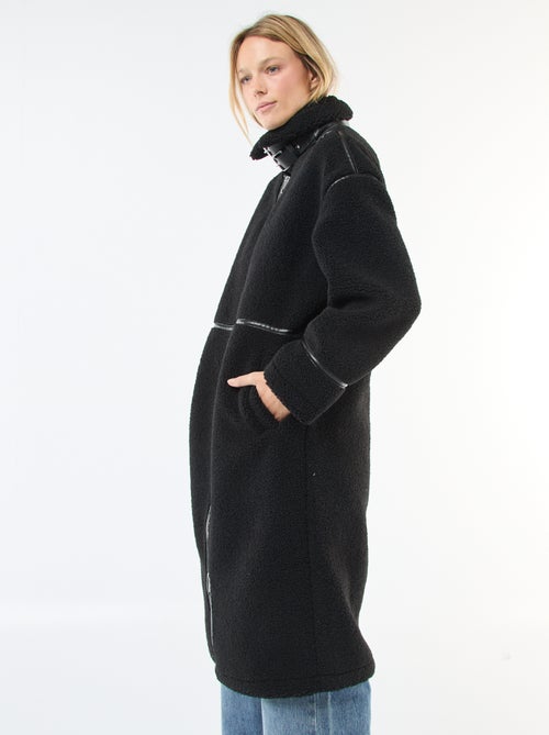 Long manteau en fausse laine avec empiècements en simili - Kiabi