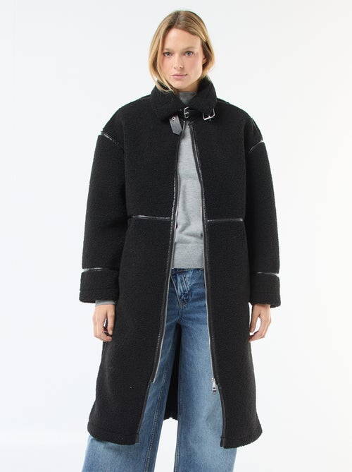 Long manteau en fausse laine avec empiècements en simili - Kiabi