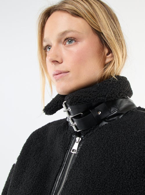 Long manteau en fausse laine avec empiècements en simili - Kiabi