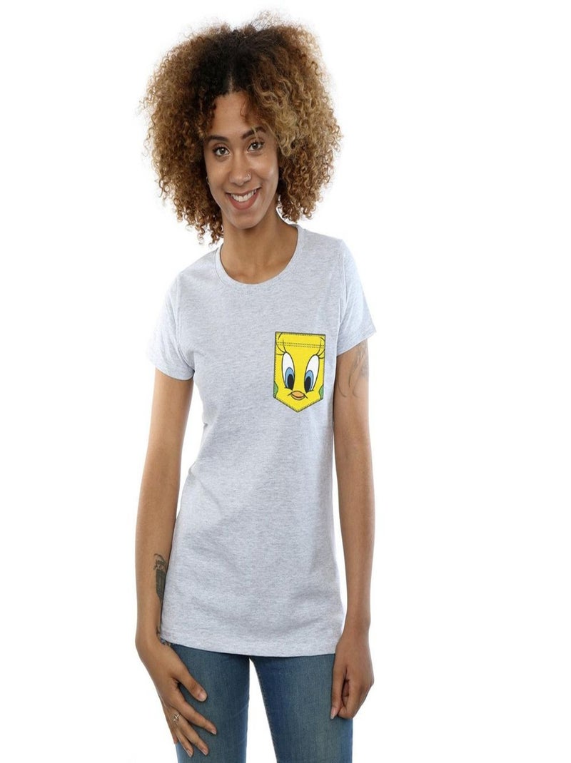 Looney Tunes - T-shirt TWEETY PIE FACE FAUX POCKET Gris chiné - Kiabi