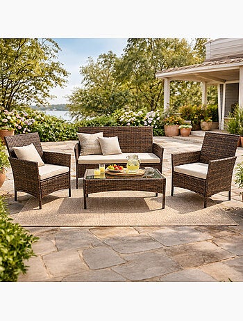 LOOS - Ensemble de jardin 4 places en résine tressée marron et coussins beige