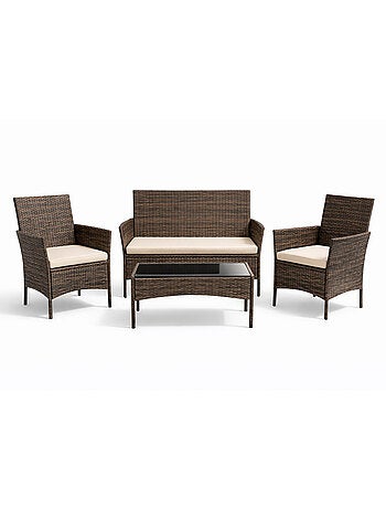 LOOS Ensemble de jardin 4 places en résine tressée marron et coussins beige
