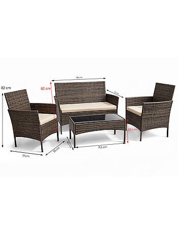 LOOS Ensemble de jardin 4 places en résine tressée marron et coussins beige