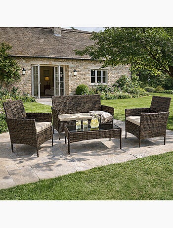 LOOS Ensemble de jardin 4 places en résine tressée marron et coussins beige
