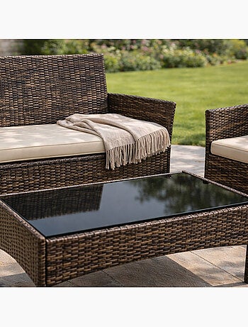 LOOS Ensemble de jardin 4 places en résine tressée marron et coussins beige
