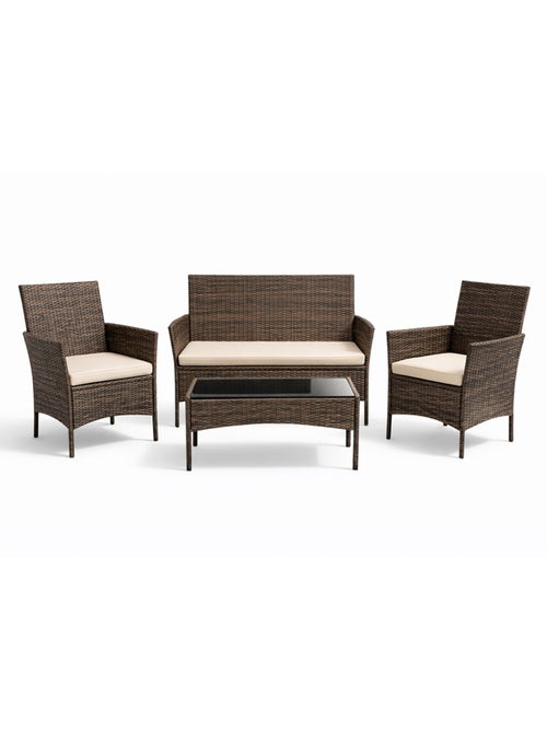 Loos ensemble de jardin 4 places en résine tressée marron et coussins beige - Kiabi