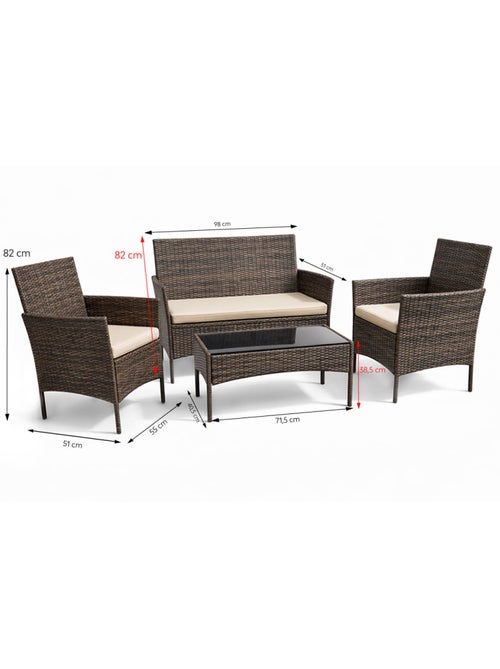 Loos ensemble de jardin 4 places en résine tressée marron et coussins beige - Kiabi