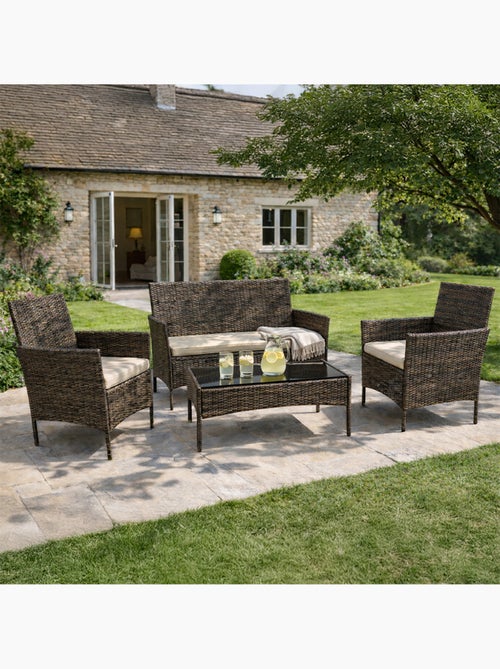 Loos ensemble de jardin 4 places en résine tressée marron et coussins beige - Kiabi