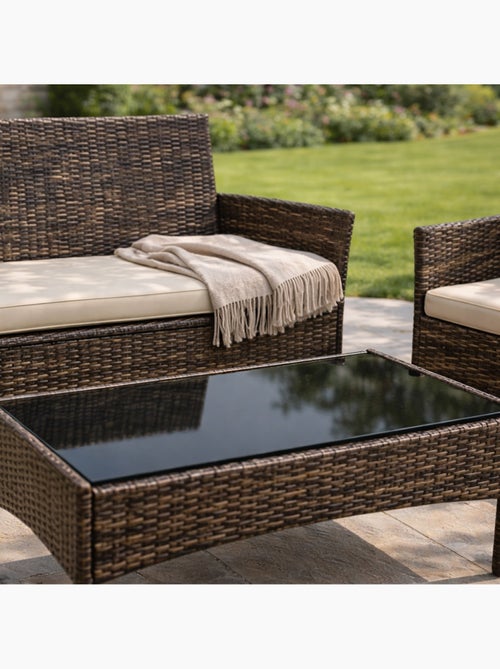 Loos ensemble de jardin 4 places en résine tressée marron et coussins beige - Kiabi