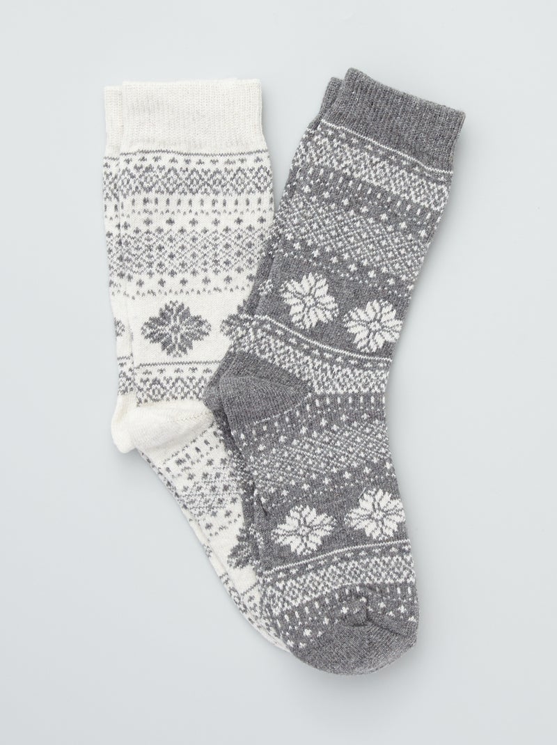 Lot 2 paires chaussettes laine imprimées gris/écru - Kiabi