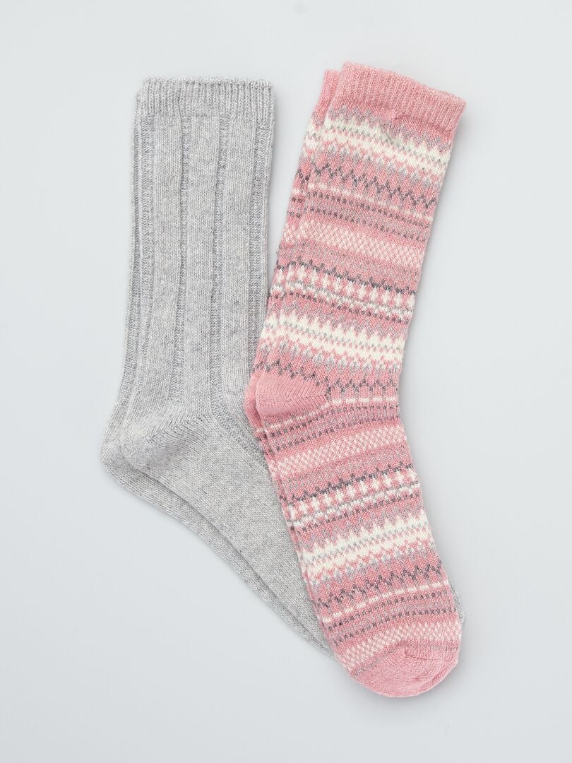 Lot 2 paires chaussettes laine imprimées rose/gris - Kiabi