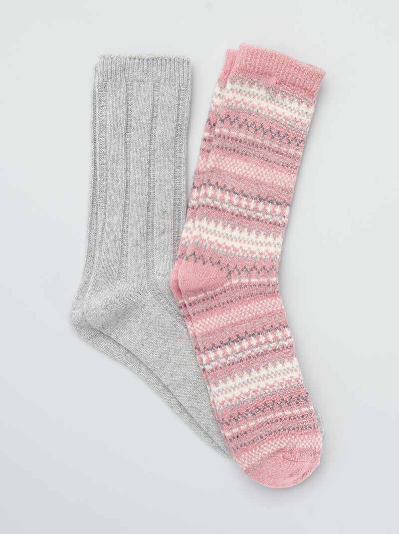 Lot 2 paires chaussettes laine imprimées rose/gris - Kiabi