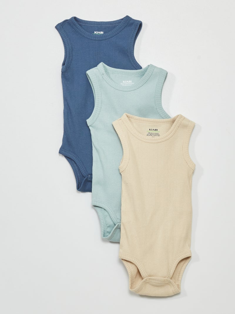 Lot 3 bodies sans manches imprimés Bleu/beige - Kiabi