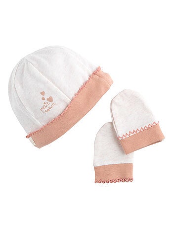 Lot bonnet et moufles bébé en coton - SAUTHON