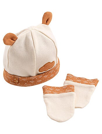 Lot bonnet et moufles bébé en coton - SAUTHON