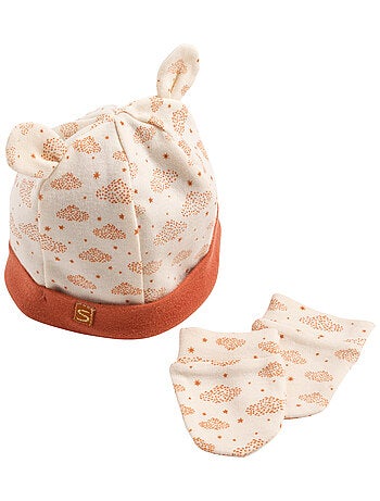 Lot bonnet et moufles bébé en coton - SAUTHON