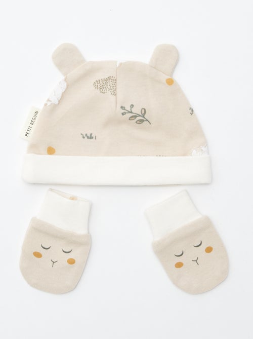 Lot bonnet + gant de naissance 'Petit Béguin' - Kiabi