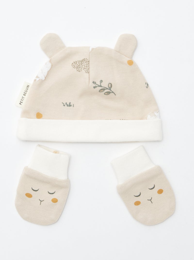 Lot bonnet + gant de naissance 'Petit Béguin' Beige - Kiabi