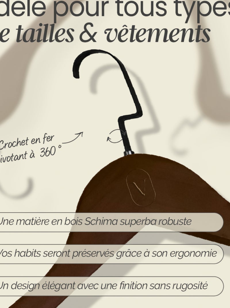 Lot de 10 cintres pour vêtements adulte premium + avec crochet pivotant à 360° - Vivezen Marron foncé - Kiabi