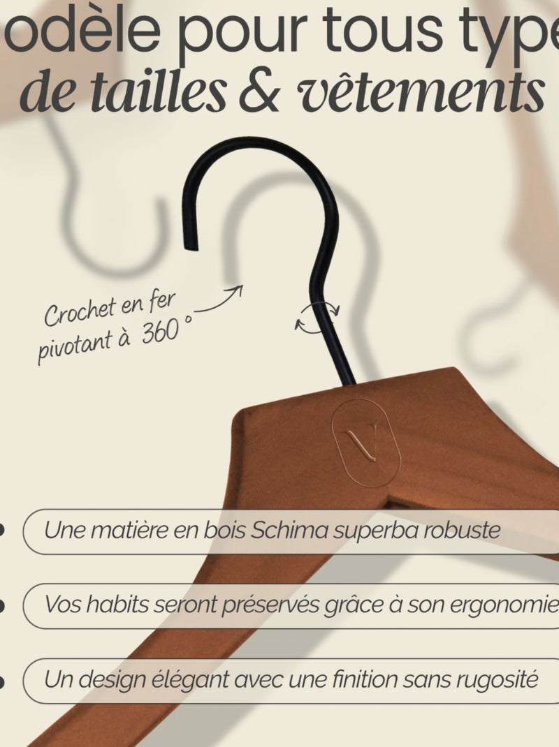 Lot de 10 cintres pour vêtements adulte premium avec crochet pivotant à 360° - Vivezen Marron foncé - Kiabi