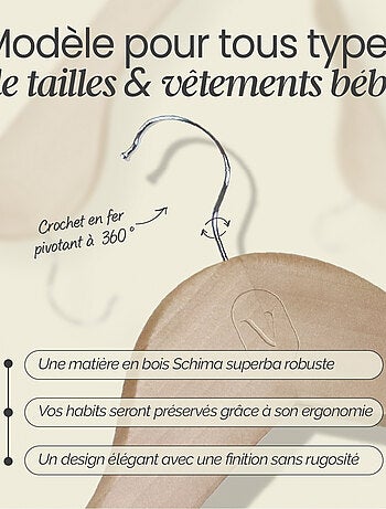 Lot de 10 cintres pour vêtements bébé avec crochet pivotant à 360° - Bois clair - Vivezen