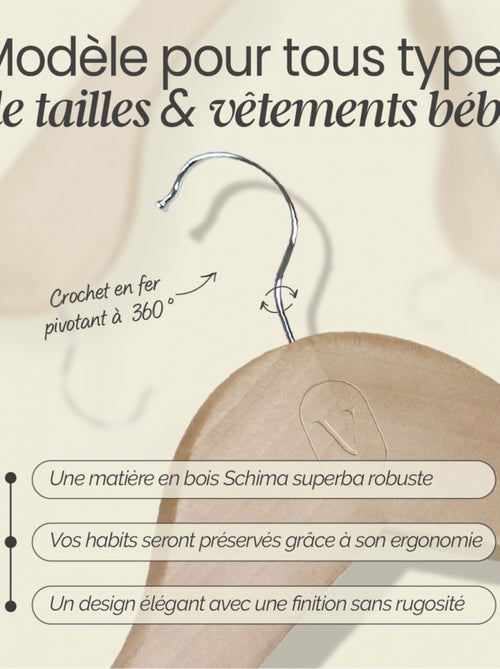 Lot de 10 cintres pour vêtements bébé avec crochet pivotant à 360° - Bois clair - Vivezen - Kiabi