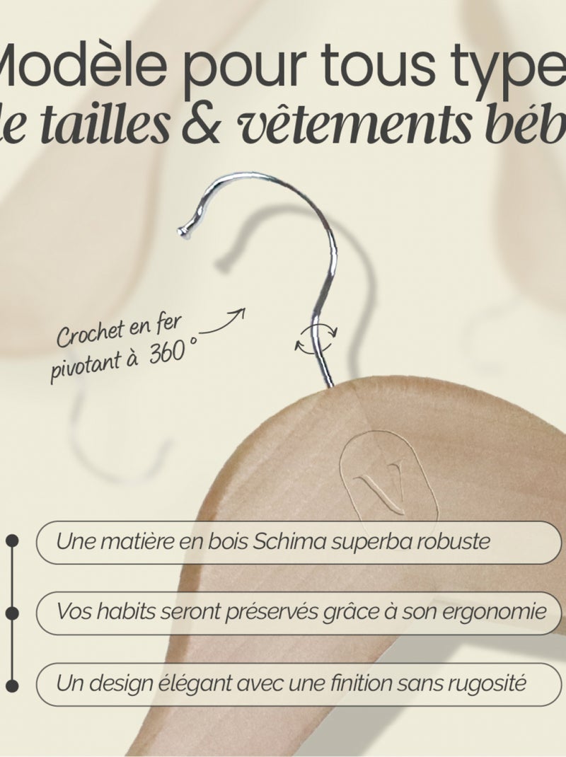 Lot de 10 cintres pour vêtements bébé avec crochet pivotant à 360° - Bois clair - Vivezen Beige - Kiabi