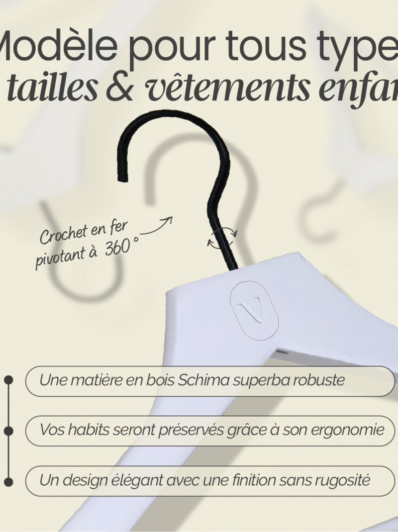 Lot de 10 cintres pour vêtements enfant premium avec crochet pivotant à 360° - Vivezen Blanc Blanc - Kiabi