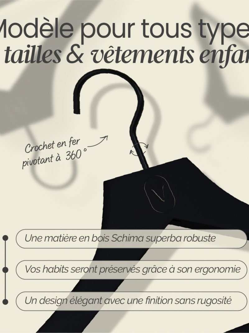 Lot de 10 cintres pour vêtements enfant premium avec crochet pivotant à 360° - Vivezen Noir - Kiabi