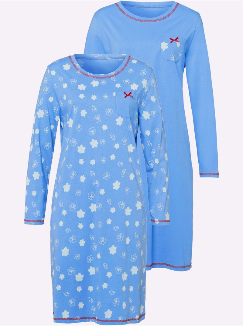 Lot de 2  - Chemises De Nuit Jersey Fin - Taille Standard - Moda Vilona Bleu ciel - Kiabi