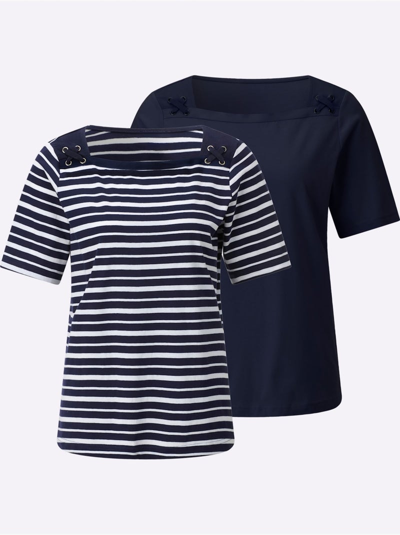 Lot de 2  - Ensemble T-shirts Pur Coton - Taille Standard - Witt Blanc/Marine - Kiabi