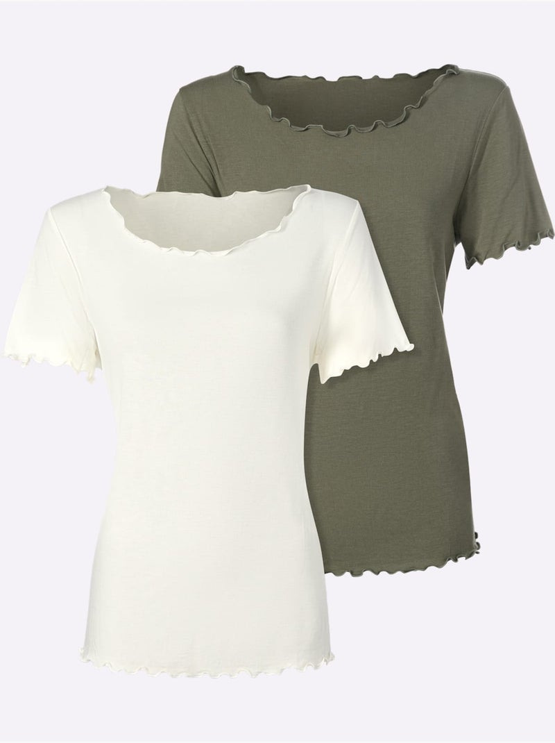 Lot de 2  - T-shirt Qualité Viscose Douce - Taille Standard - Helline Blanc Vert - Kiabi
