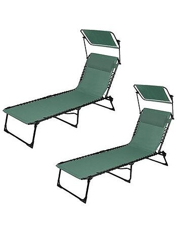 Lot de 2 bains de soleil avec coussin et pare-soleil inclinable