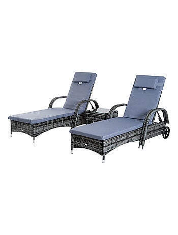 Lot de 2 bains de soleil avec matelas + table basse résine tressée gris