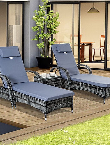 Lot de 2 bains de soleil avec matelas + table basse résine tressée gris