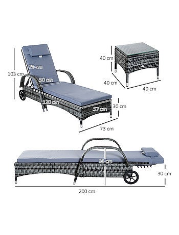 Lot de 2 bains de soleil avec matelas + table basse résine tressée gris