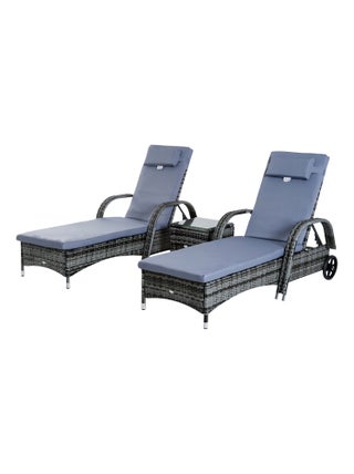 Lot de 2 bains de soleil avec matelas + table basse résine tressée gris