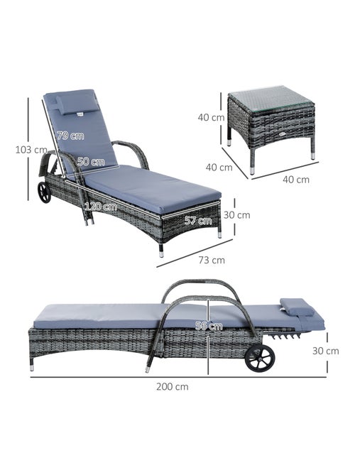 Lot de 2 bains de soleil avec matelas + table basse résine tressée gris - Kiabi
