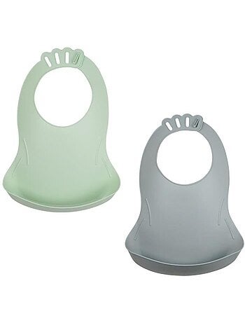Lot de 2 bavoirs - thermobaby - bibou - vert céladon et gris charme - ajustables et étanches