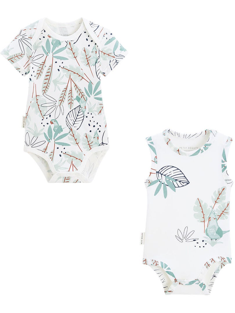 Lot De 2 Bodies Bébé Manches Courtes Petit Béguin - Motifs Mexico Tropical & Perroquet, Bleu Et Écru