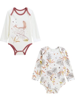 Lot De 2 Bodies Bébé Manches Longues Petit Béguin - Imprimé écureuil, Doux, Col US, Pressions Entrejambe