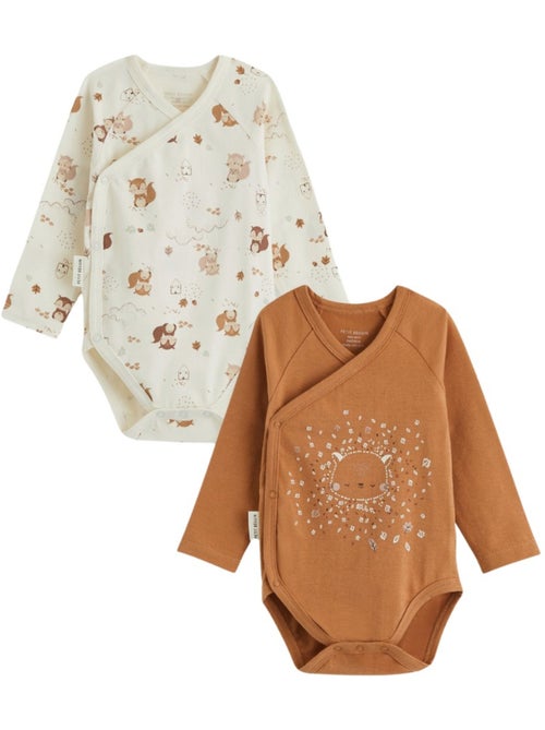 Lot de 2 bodies bébé manches longues ouverture croisée caramel - Kiabi