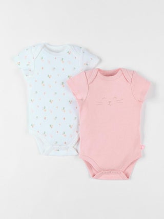 Lot de 2 bodies fleuris et guépard en coton, écru/rose moyen Noukie's