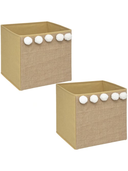 Lot de 2 boîtes de rangement en jute avec pompons - Kiabi